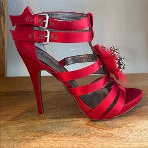 Charles David Red Satin Strappy Heel with Crystal Floral Accent